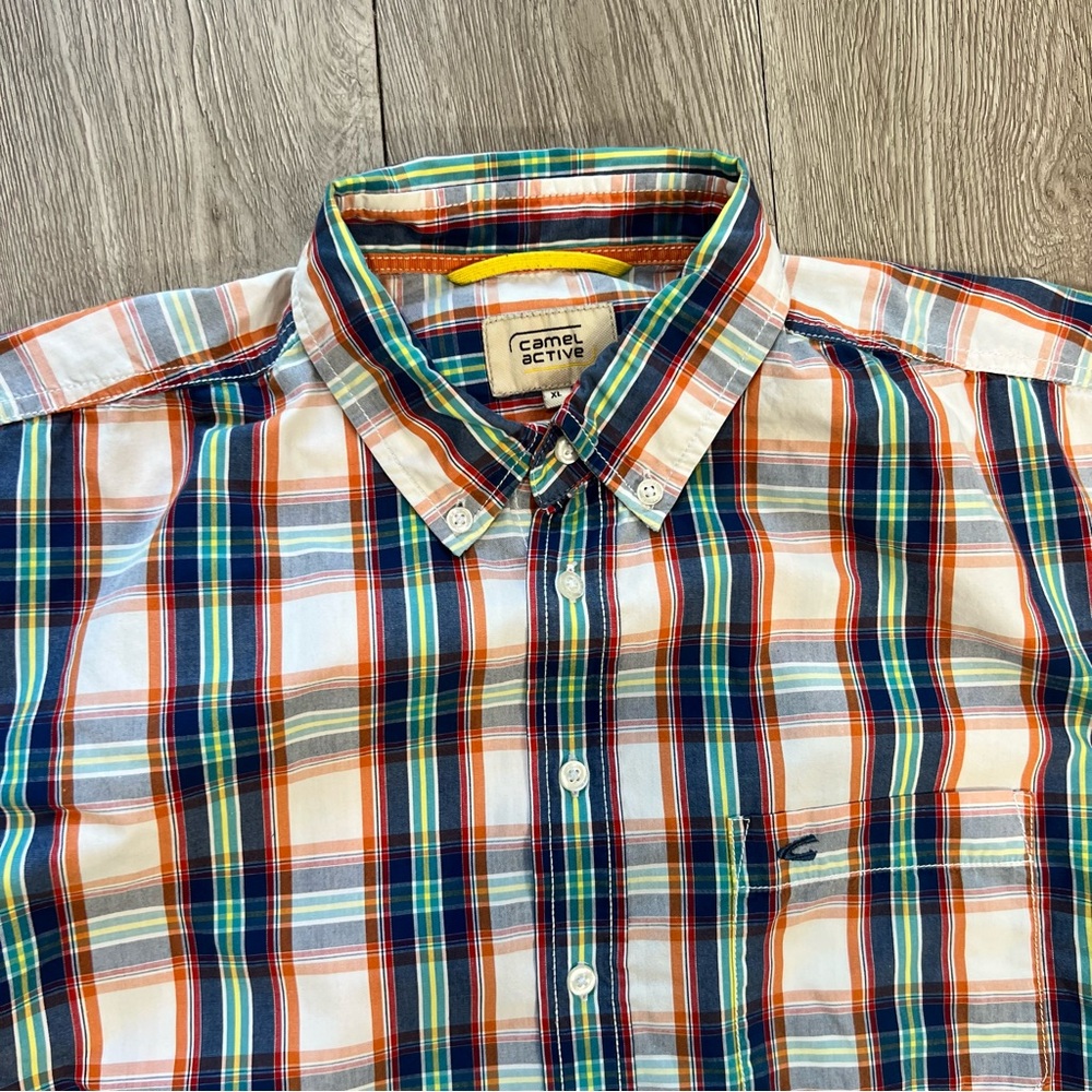Camel Active Men Casual Shirt Short Sleeves Orange Green Checkered Plaid size XL